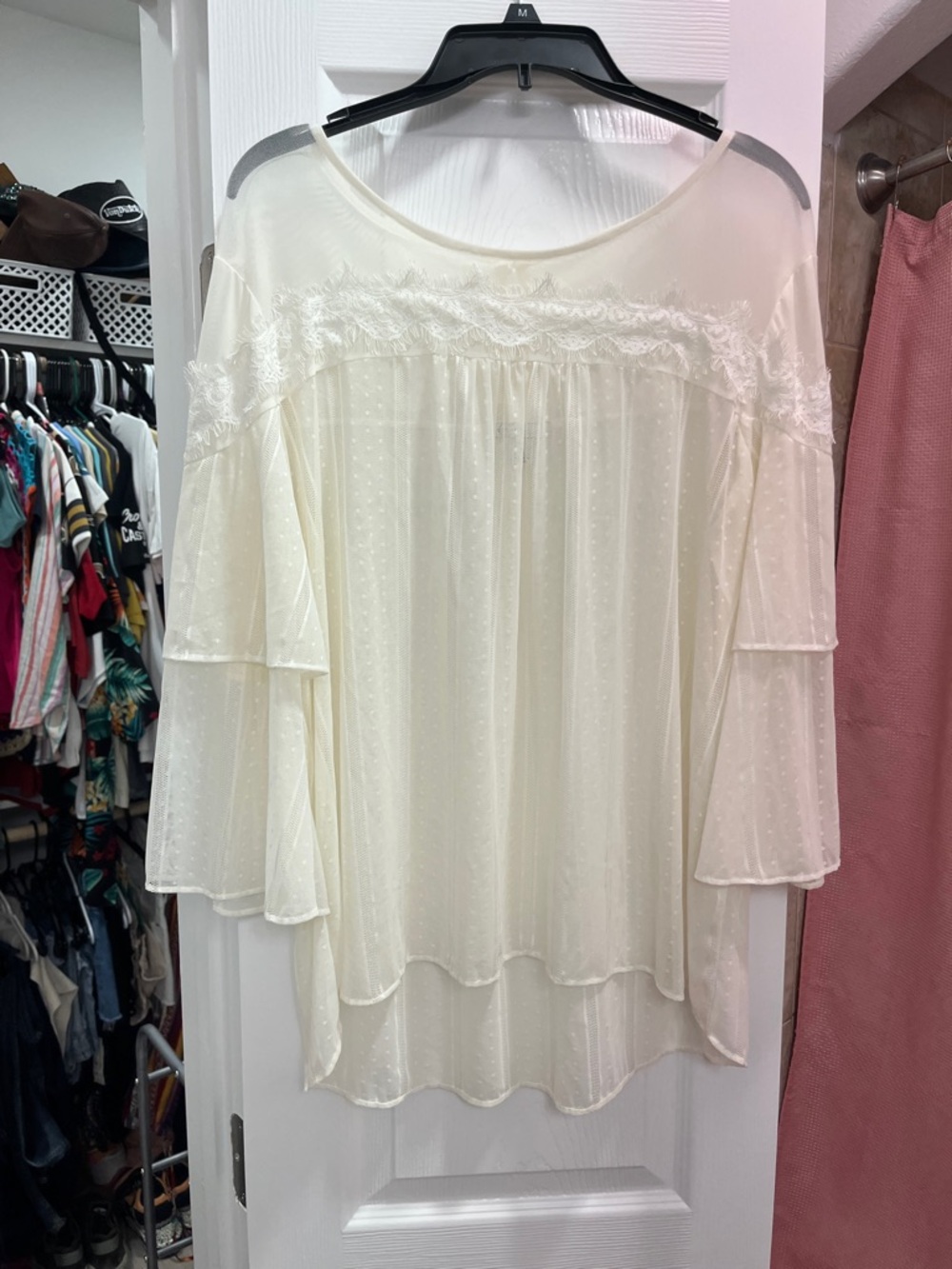 Cato Cream Lace-Trim Sheer Tiered Blouse